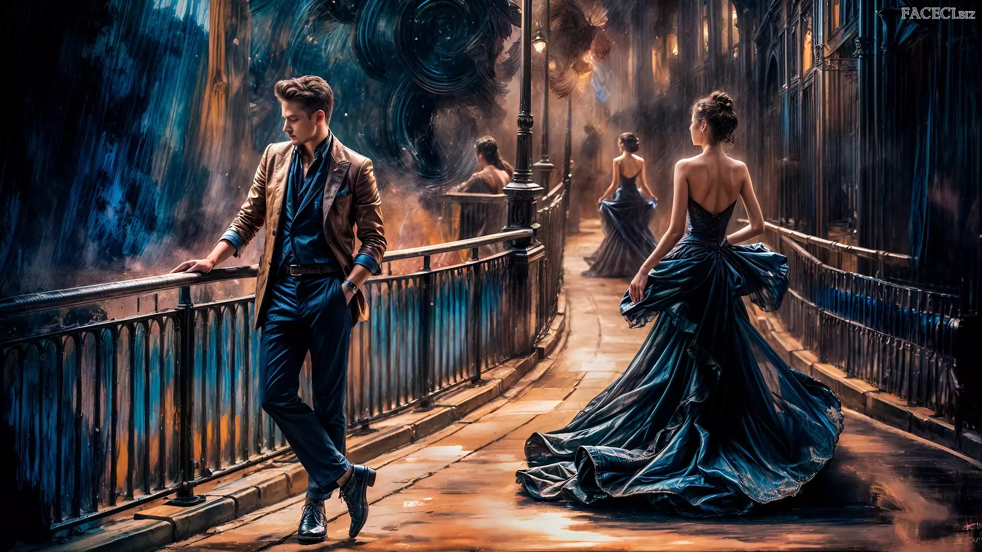 Most, Kobiety, Długa, Mężczyzna, Grafika, Suknia, Wieczór